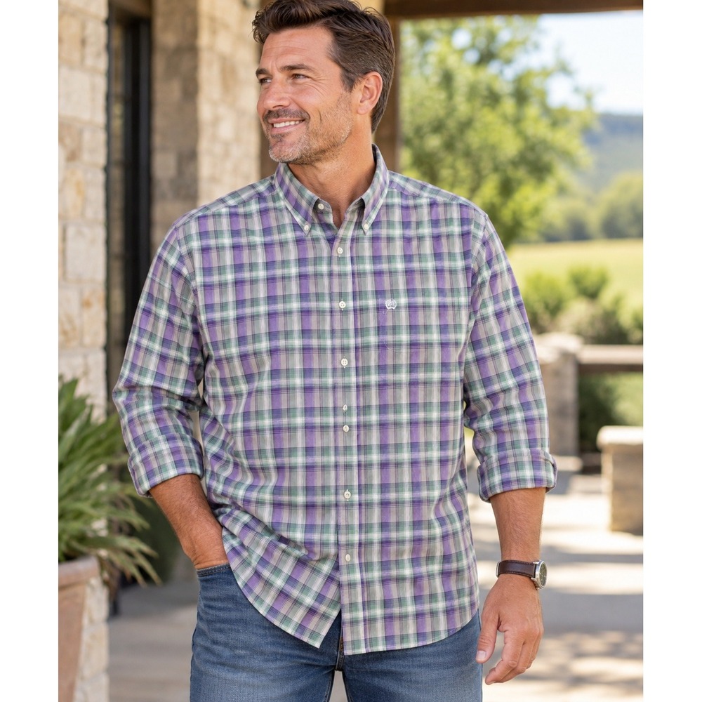 Cinch Button Down Shirt Mens XL Purple Green Plaid Long Sleeve Western Cowboy